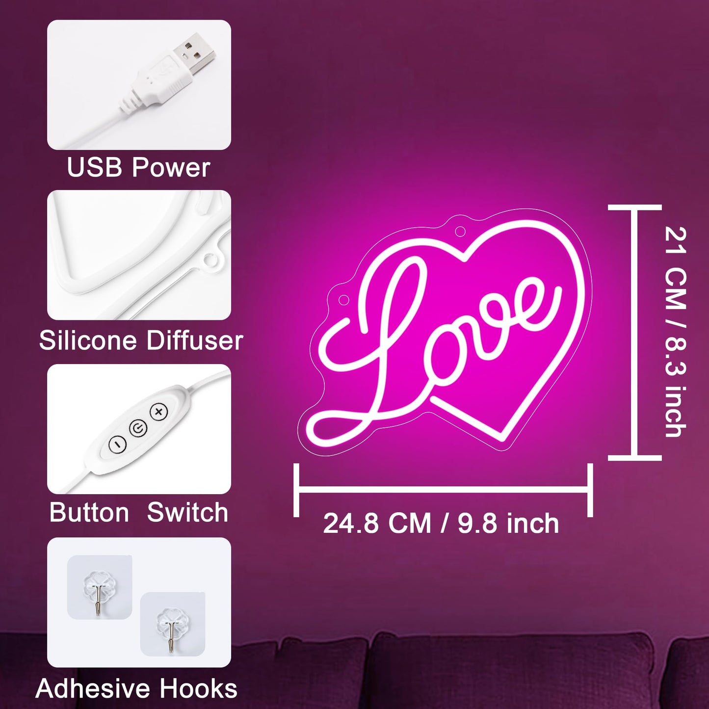 Anywin Love Heart Neon Signs for Wall Decor, Pink Gifts for Women Neon Light with Dimmable for Room Decor, Mother Day Father Day Engagement Wedding Anniversary Birthday Lovers Gift