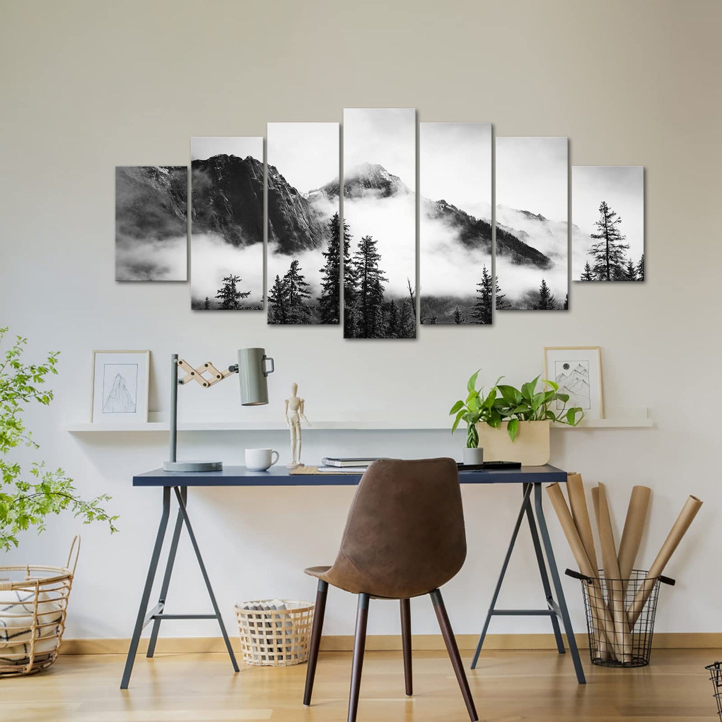NutArtPic 7 Pieces Foggy Forest Canvas Wall Art Black and White Misty Mountain Artwork Prints Banff National Park Painting Framed Home Office Bedroom Decor 70''x32''