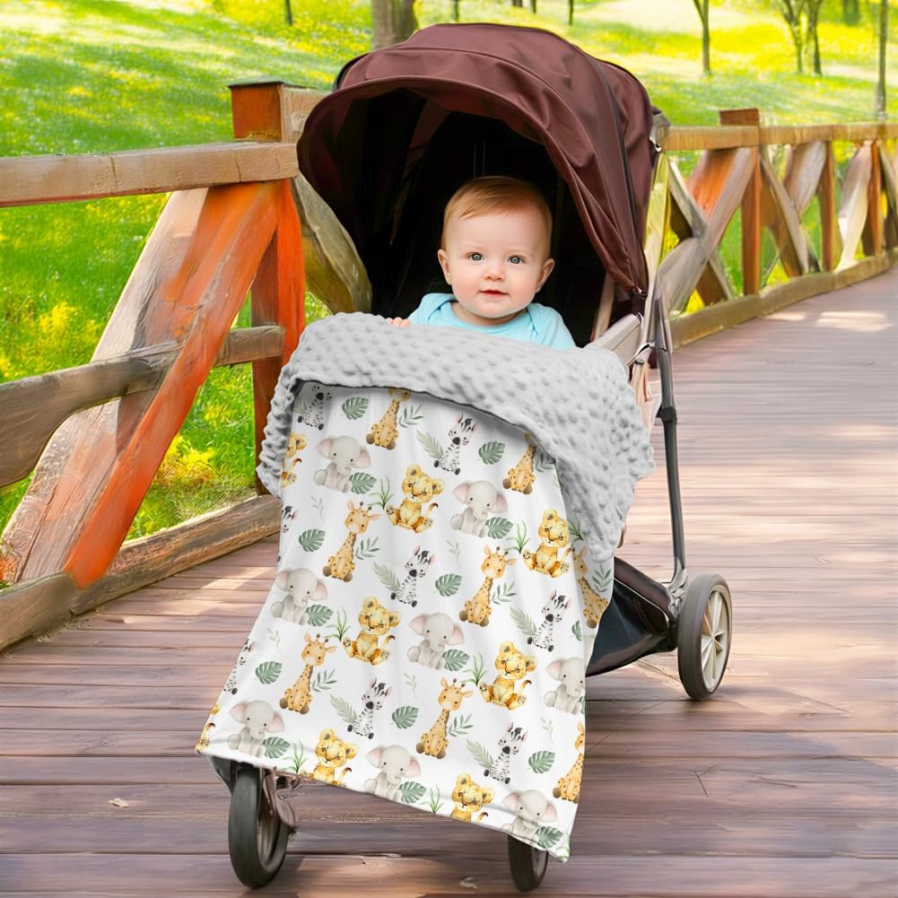 FIGEPO Safari Jungle Animals Baby Blanket Gender Neutral Blankets for Newborn Baby Girls or Boys Nursery Toddler Double Layer Blanket with Dotted Backing and Animal Printed (Animal 1)