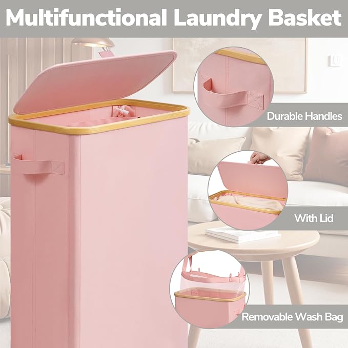 Goodpick Slim Laundry Basket with Wheels and Lid, 75L Tall Laundry Hamper with Bamboo Frame Removable Bag, Collapsible Clothes Hamper for Dorm Home Decor, Pink, 17" x 9.8" x 29.5"