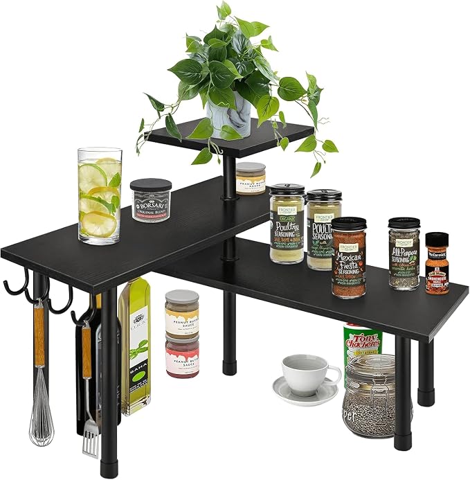 Homode Bathroom Counter Organizer Corner Shelf, Kitchen Countertop Organizer, 3 Tier Wood Counter Shelf Stand for Over The Sink, Coffee Station, Desktop, Black