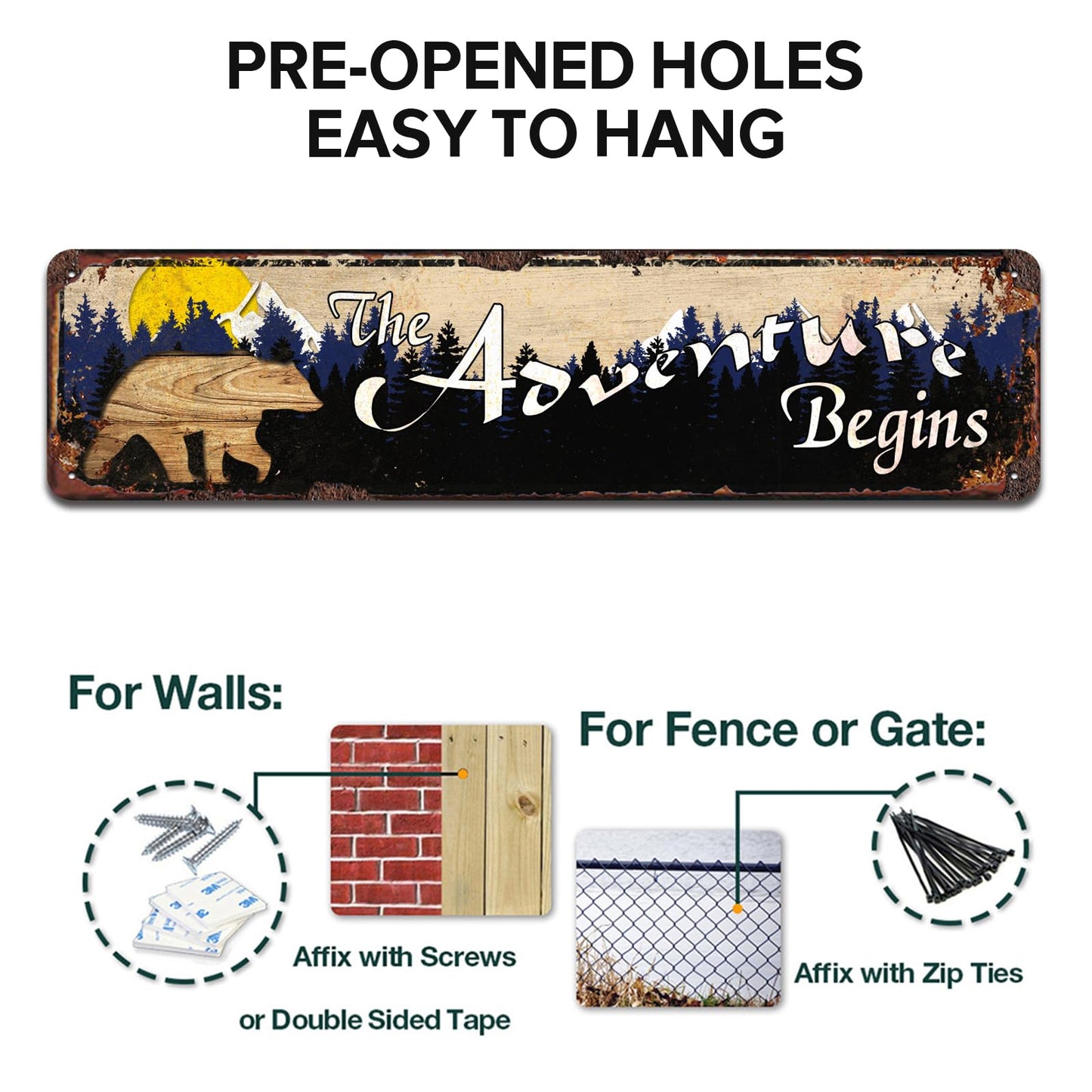The Adventure Begins Sign, Woodland Nursery Decor, Bear Mountain Inspirational Quotes, Metal Sign for Home Cabin Decor, Forest Camping Sign 4x16 Inches