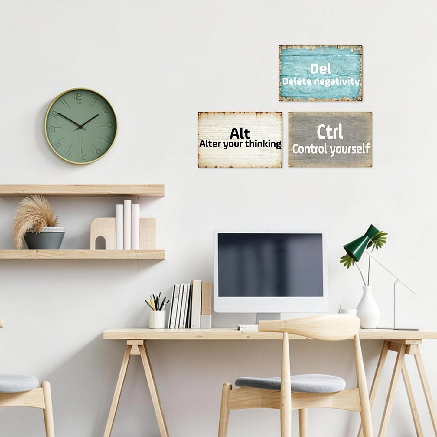 Motivational Office Decor Metal Tin Signs - Computer Keyboard Theme, Control/Alt/Delete Inspired Tin Wall Art with Positive Quotes for Home Office, Desk & Workspace Decoration, 3-Pack, 12x8 inch