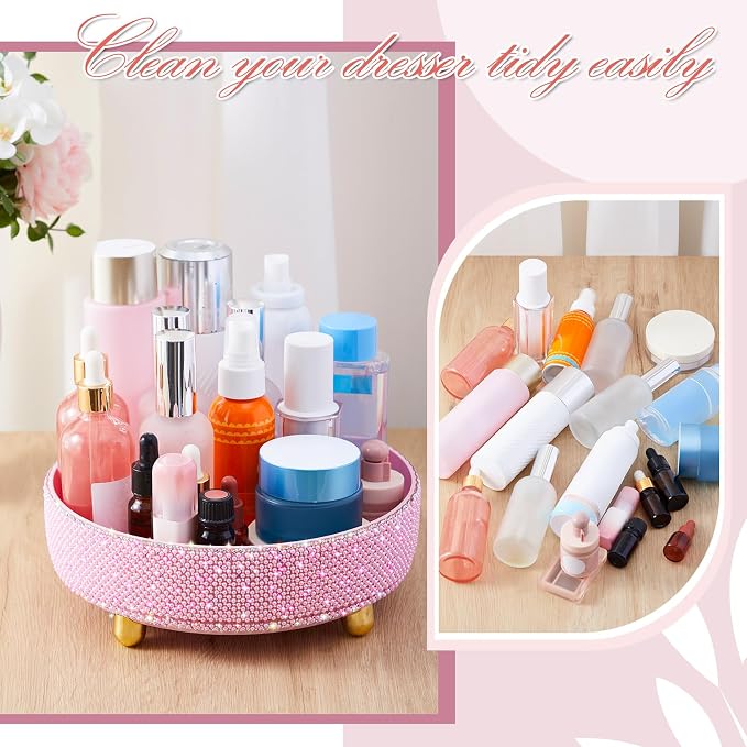 Honeydak 360 Rotating Perfume Organizer Gift for Women, Rhinestone Preppy Skincare Organizer Bathroom Counter Makeup Holder Skincare and Perfume Storage for Cosmetic(1 Tier,Pearl,Pink)