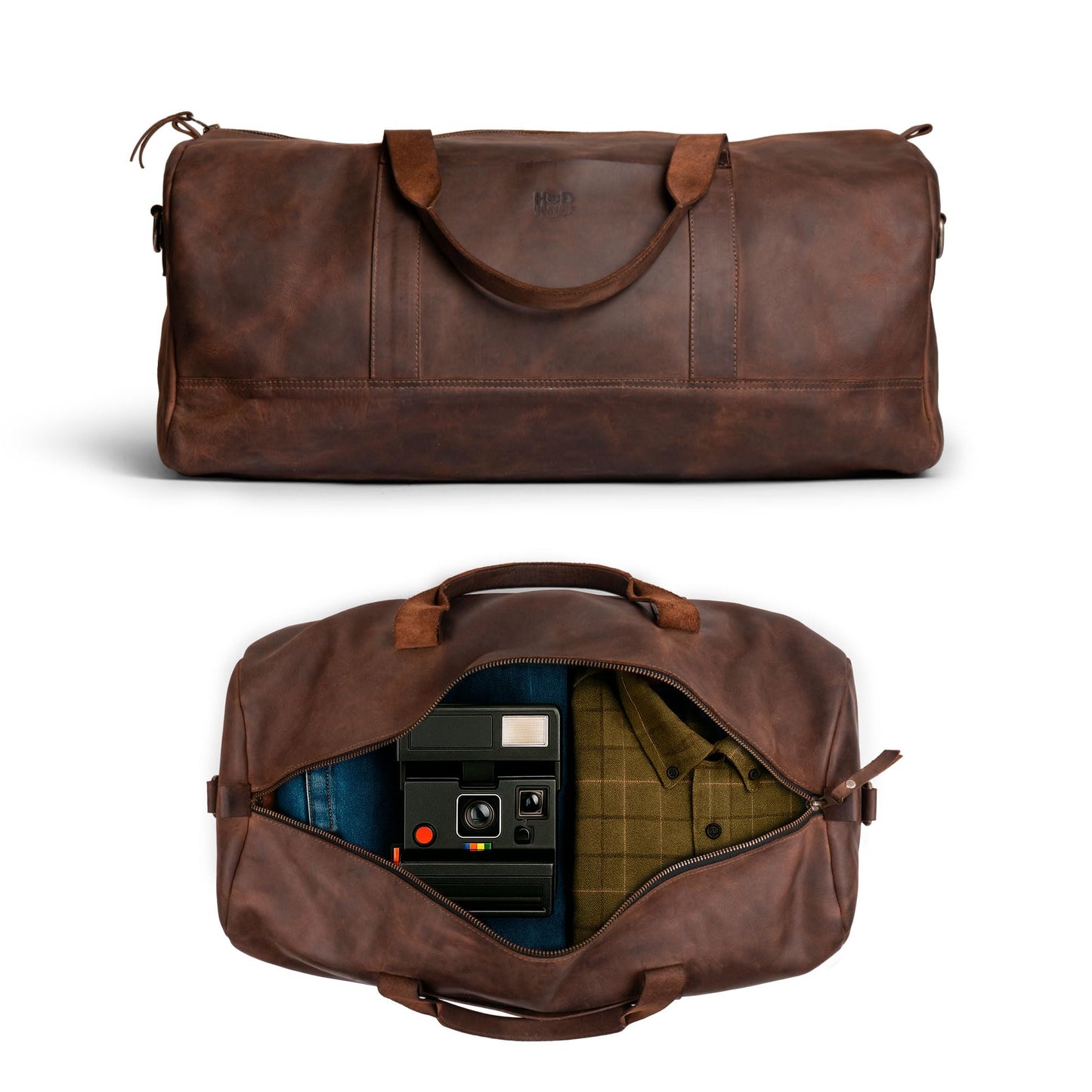 Hide & Drink, Luggage Duffle Bag with Shoulder Strap, Travel Overnight Bag, Handmade from Full Grain Leather - Bourbon Brown