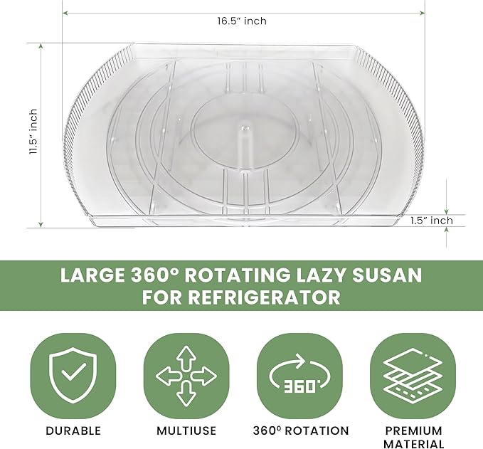 NOSTA Home Rotating Lazy Susan for Refrigerator - Square Lazy Susan - Refrigerator Lazy Susan Organizer - Rotating Fridge Organizer - Large (16.5x11)