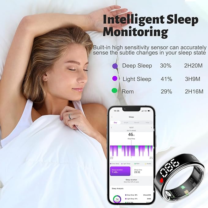 Smart Health Ring for Women Men, Smart Ring Fitness Tracker for iOS Android, Heart Rate, Blood Oxygen, Blood Pressure, Sleep Monitoring,5ATM Waterproof, No Subscription Fee (Black, 8#)