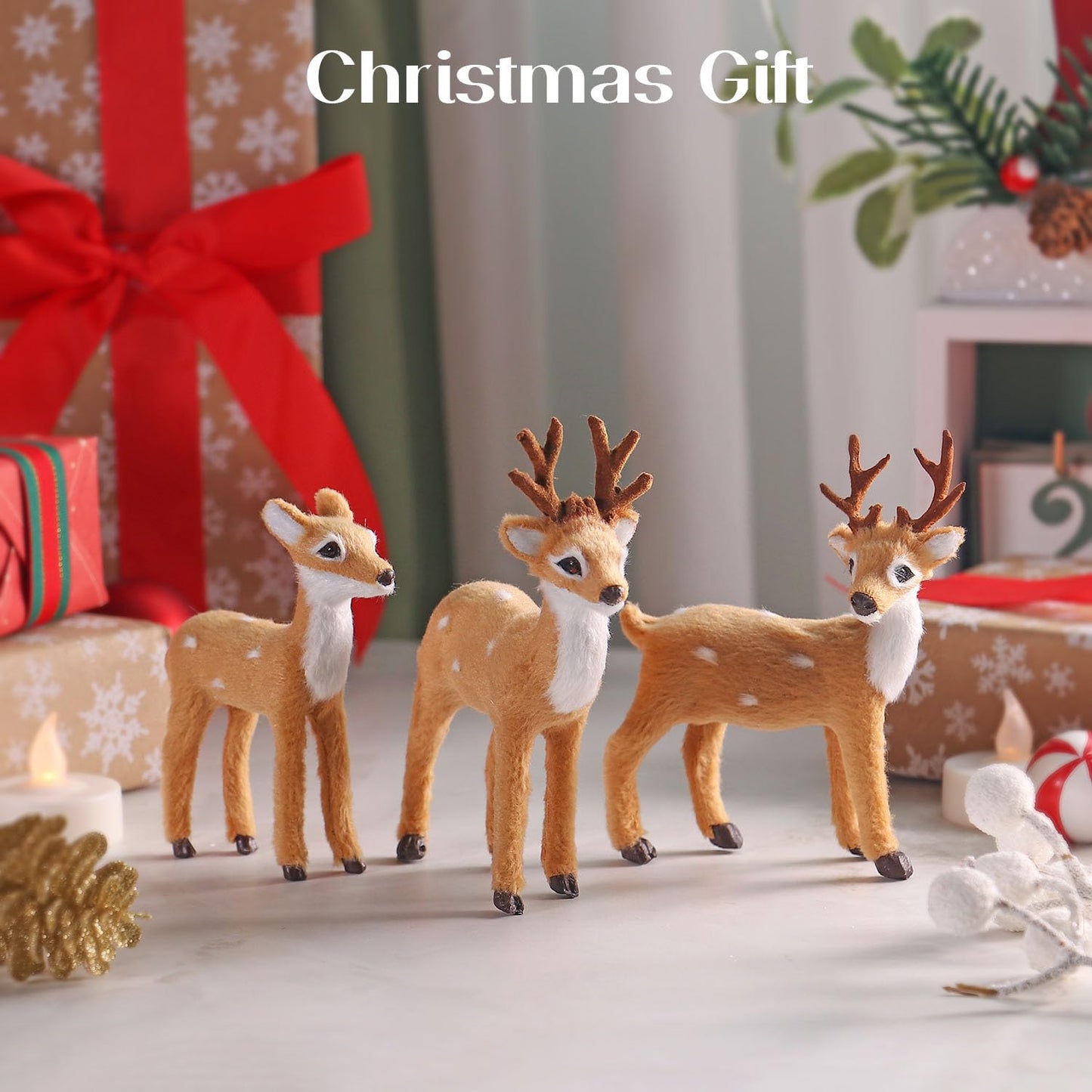 3 Pack Christmas Reindeer Figurines, Festive Holiday Decorations, Rustic Elk Ornaments, Handcrafted Tabletop Decor for Home, Office, Fireplace, Mantle
