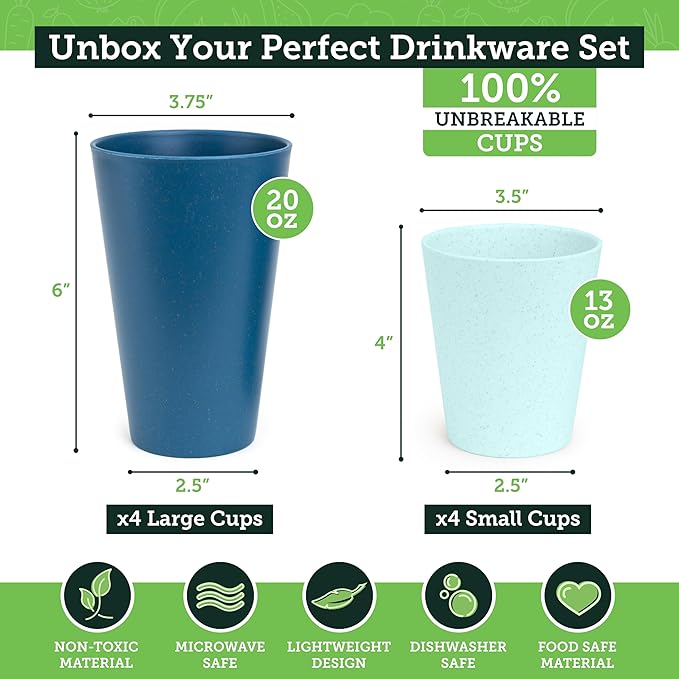Grow Forward Premium Wheat Straw Cups - 13 & 20 oz Unbreakable BPA Free Hard Plastic Cups - Reusable Lightweight Plastic Drinking Glasses for Kitchen, Outdoor, Water, Camping, RV - Seascape