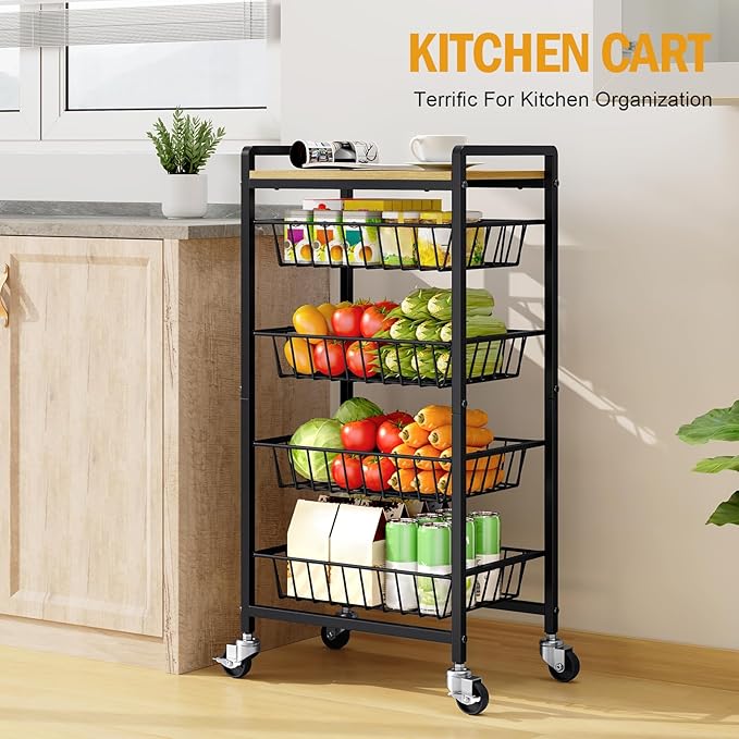 TOOLF 5-Tier Kitchen Cart with Tabletop, Rolling Snack Cart with Lockable Wheels, Fruit Vegetable Storage Basket with 4 Pack Mats, Metal Storage Rack with Pull-Out Pantry Cart for Organizer