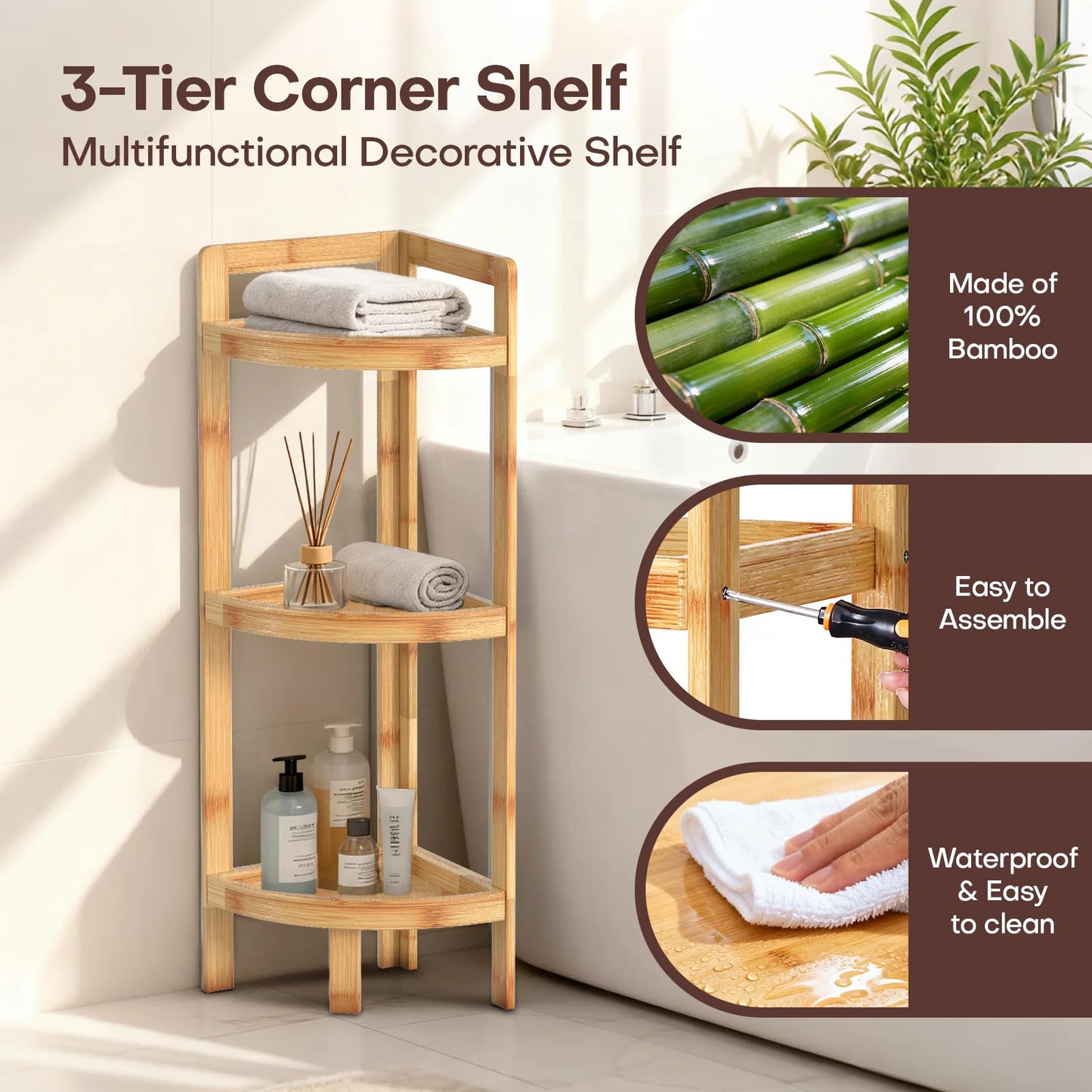 2026 New Bamboo Standing Shelf, 3 Tier Corner Shelf Stand, Free-Standing Shelf Units, Triangular Curved Corner Shelf Stand for Space-Saaving Display Ideal for Bathroom/Kitchen/Living Room Storage
