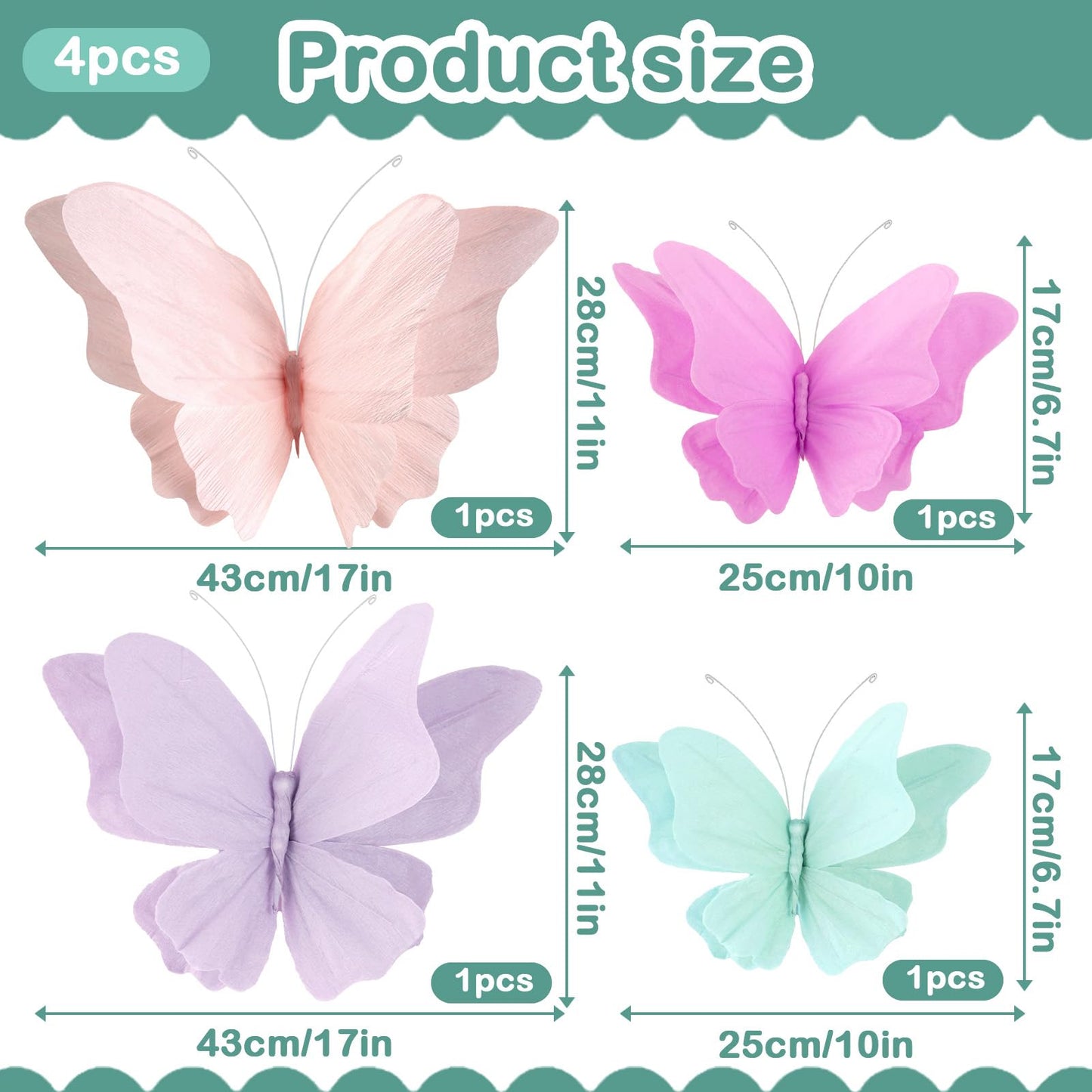 OBBOLO 3D Hanging Butterfly Decorations, Butterfly Birthday Party Decorations, 4 Pcs Crepe Paper Butterfly Hanging Decorations for Girls, Women, Flower Garden Party Decorations