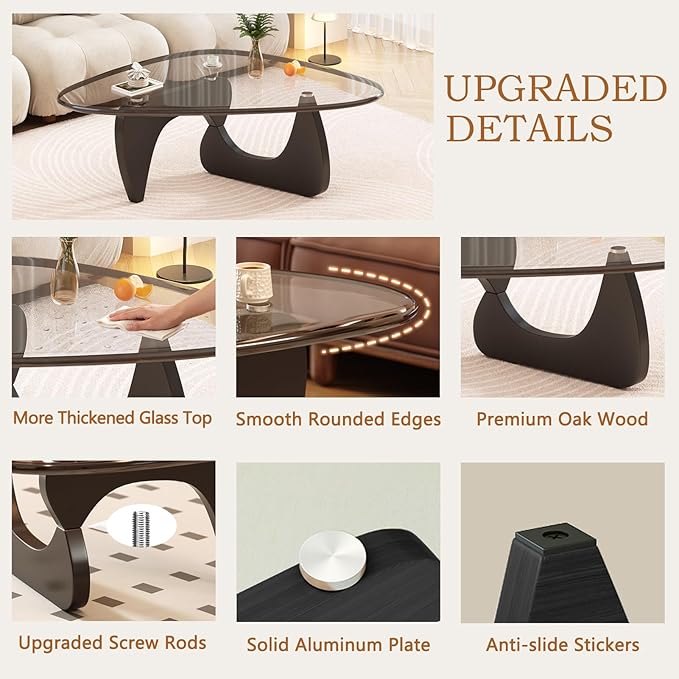 Coffee Table for Living Room Mid Century Modern Center Small Table with Glass Top and Wood, Black Transparent(36 Inch)