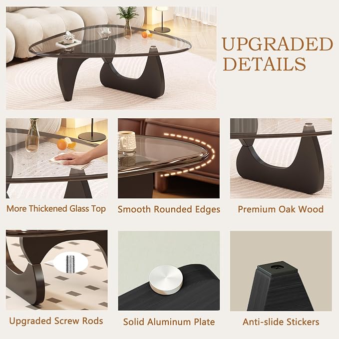 Coffee Table for Living Room Mid Century Modern Center Small Table with Glass Top and Wood, Black Transparent(45 Inch)