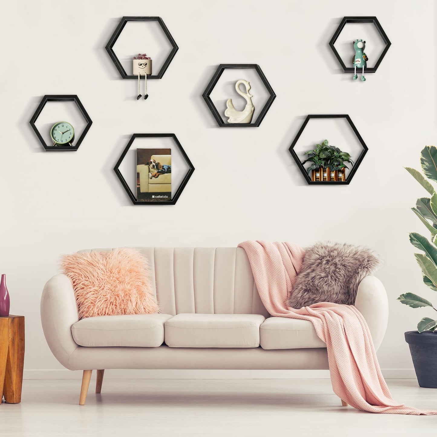 YBING Hexagon Floating Shelves Black Hexagon Shelves for Wall Wood Farmhouse Storage Honeycomb Shelves Set of 6 Hexagon Wall Mounted Home Decor Storage Shelves for Living Room Bedroom Office