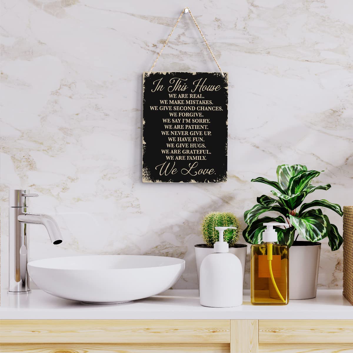 In This House Wooden Hanging Sign, House Rules Signs, Farmhouse Living Room Home Decor Wall Art, Inspirational Family Quote, Scripture Wooden Hanging Sign for Farmhouse Home Wall Art Decoration