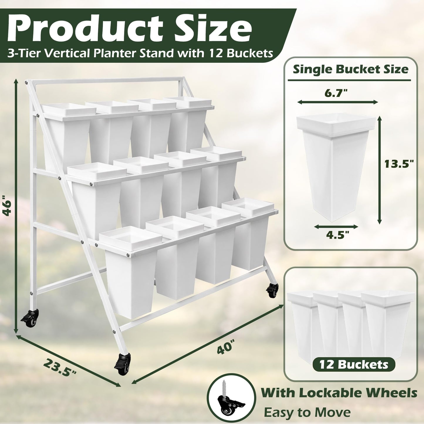 PROLEE Flower Display Stand with 12 Buckets, Flower Cart 3 Layers, Flower Stand Metal with Wheels, Moving Florist Bouquet Shelf, Triangular Rack, White