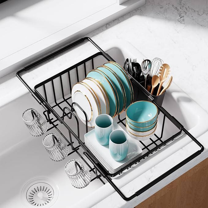 Sakugi Dish Drying Rack in Sink - Expandable Stainless Steel Dish Rack Over The Sink, Kitchen Sink Drain Strainer with Cutlery Holder & Cup Holders, 15.4 x 11.3 x 6.6 Inch, Black