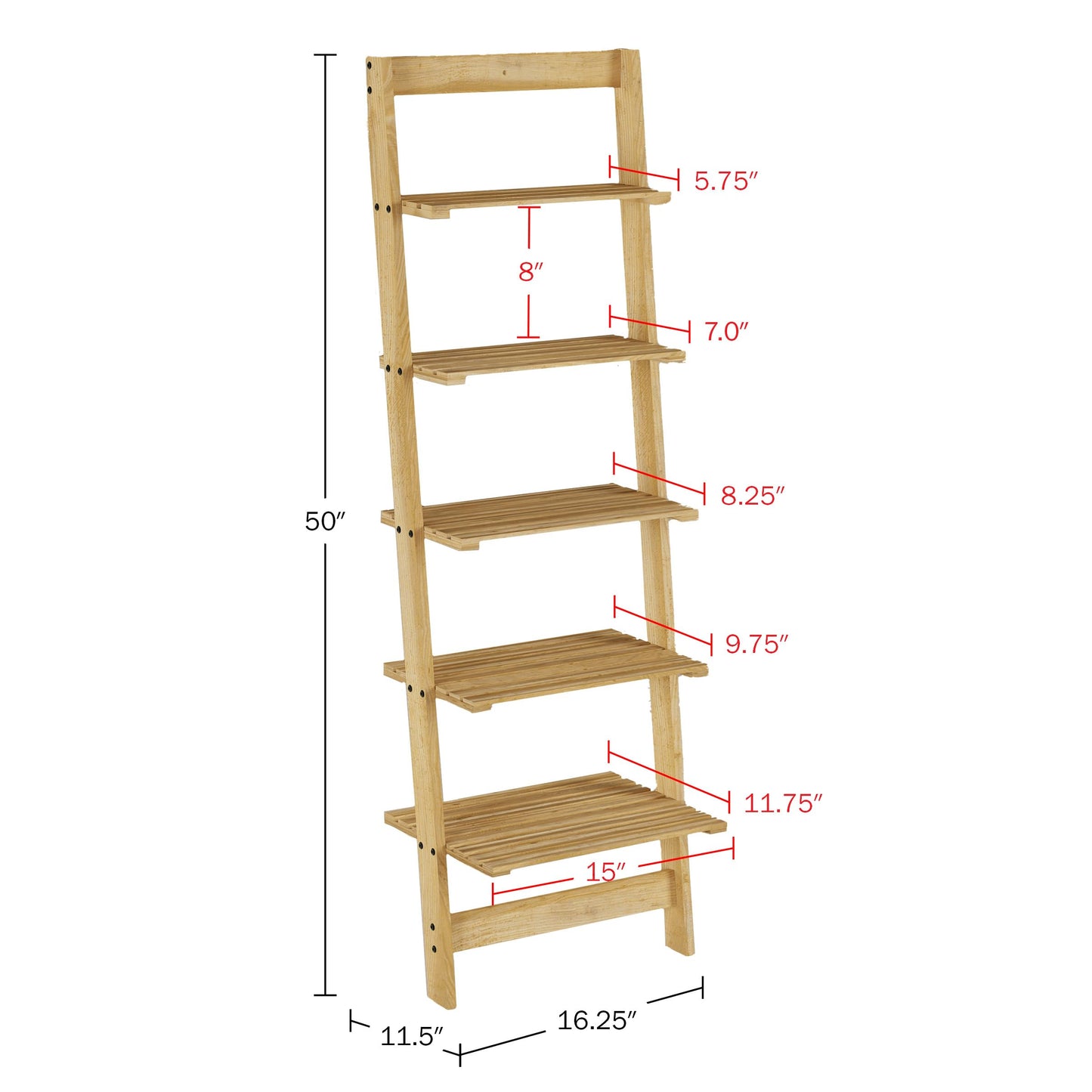 Lavish Home 5-Tier Ladder Shelf - 50-Inch Narrow Leaning Bookshelf - Wooden Bookcase for Living Room, Bathroom, Kitchen, Office, or Bedroom Furniture (Oak)