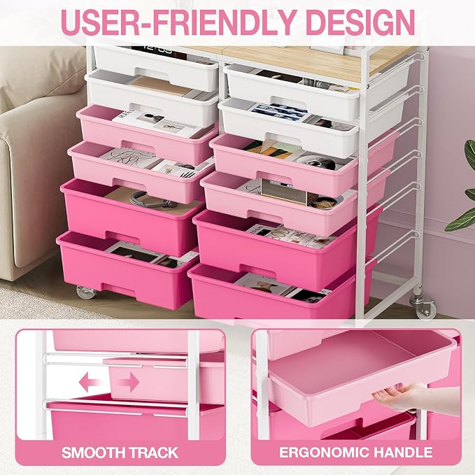 Rolling Storage Cart with 12 Drawers, Wooden Tabletop Utility Cart for Craft Storage, Art Supply Storage & Home Office Organization, Teacher Cart with Wheels for Classroom Organization, School