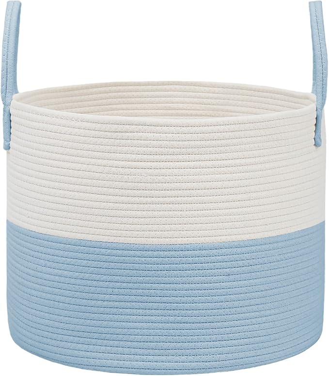 JMvicyroam 115L Extra Large Blanket Basket for Living Room - Woven Cotton Rope Laundry Hamper with Reinforced Handles - Storage Bin for Pillows, Comforters & Toys - Machine Washable,White&Blue