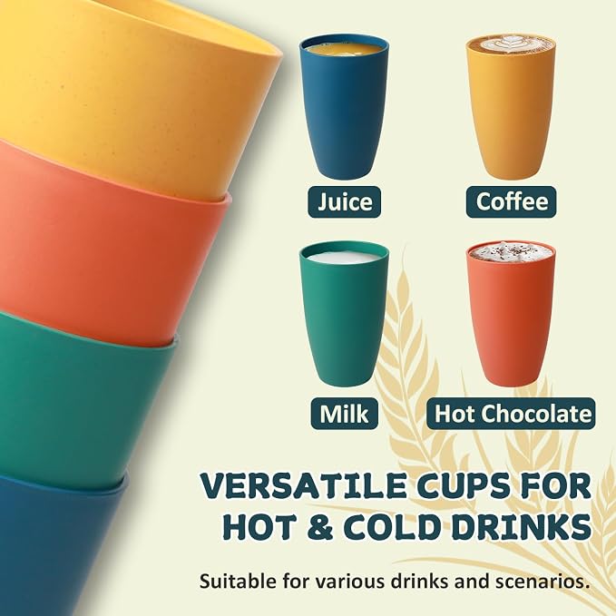 Wrova Wheat Straw Cups Reusable Kitchen Cups Set of 8, Unbreakable 20oz Drinking Cups Alternative to Large Plastic Cups, Dishwasher Safe Big Tumblers & Water Glasses- Vibrant