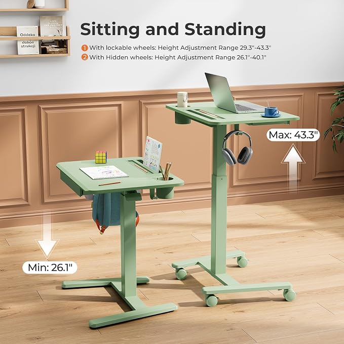 Mobile Standing Desk with Drawer, 28" Rolling Desk with Cup Holder and Hooks, Portable Laptop Workstation on Wheels, Height Adjustable Cart with Storage for Home Office, Sage Green