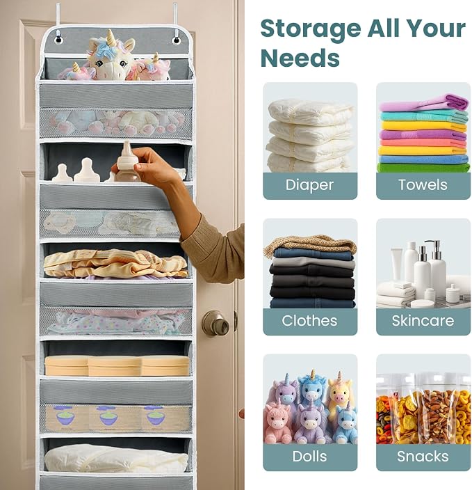 Easy Assembly Over The Door Organizer, 5 Shelves& 8 Side Pockets, Heavy-Duty Reinforced Mesh Rack Holds 44lb, Hanging Behind Door Storage for Bathroom Pantry, Nursery, Closet, Shoes, Towels-Grey