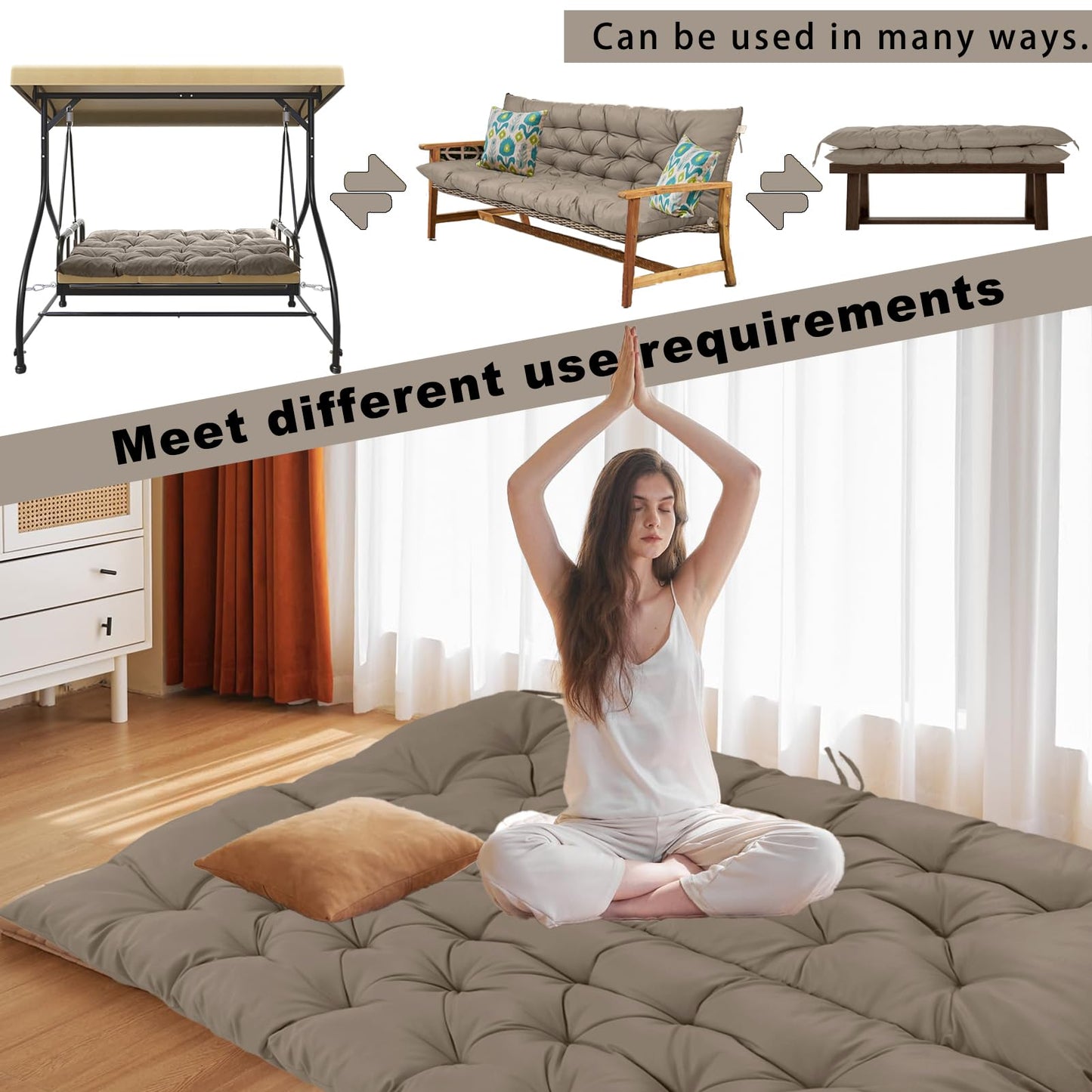 HIYEN Porch Swing Cushions 3 Seater Replacement, Waterproof Bench Cushions for Outdoor Furniture with Backrest, 4" Thickened Patio Swing Cushion with Ties (Khaki, 60 * 40 inch)