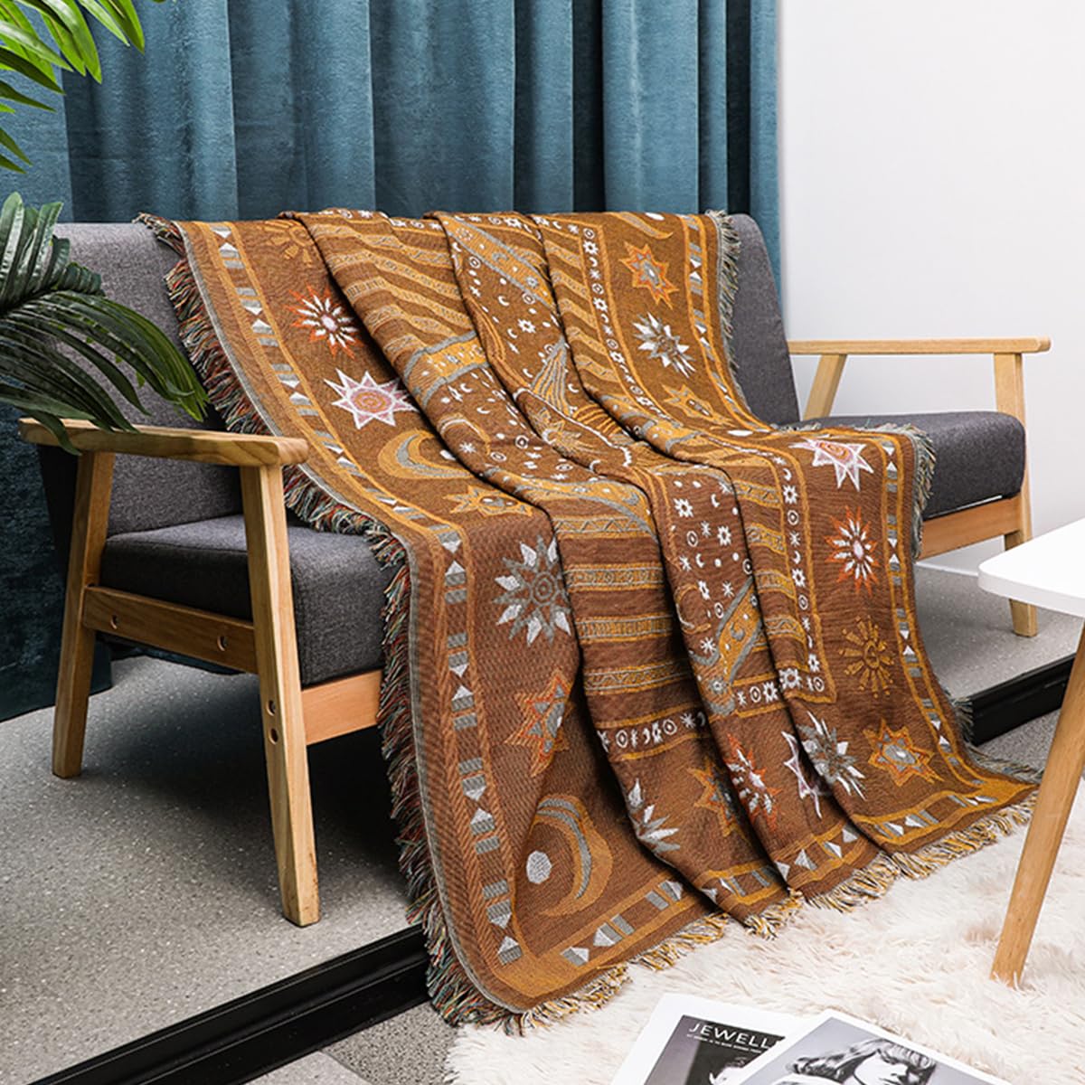TOFUNTOY Boho Throw Blanket for Couch Sofa Bed, Decorative Throw Blanket with Tassels, 50"x60" Bohemian Woven Cover for Home Living Room Bedroom Indoor Outdoor Picnic