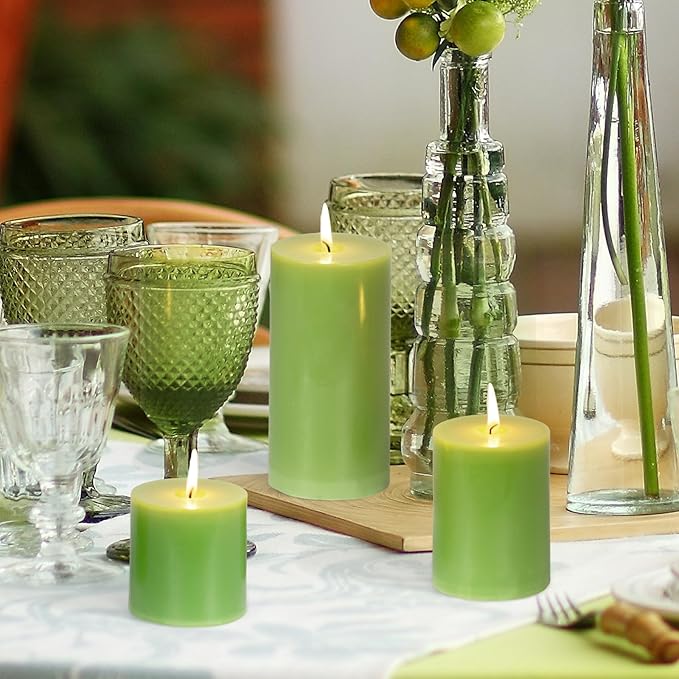 KONNI Green Pillar Candles Set of 3, 3"x 4" Unscented Pillar Candles Bulk, 39 Hours Long Burning Candles, Smokeless&Dripless Large Round Candle for Wedding, Home Decoration, Parties, Spas, Dinner