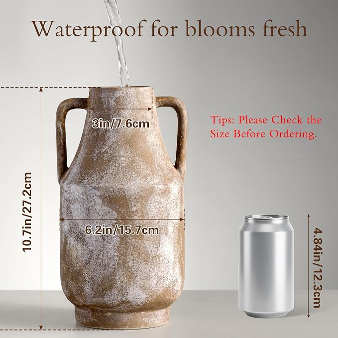 Ceramic Flower Vase, 10.7in Farmhouse Table Rustic Vases, Small Flower Terracotta Vases for Home Decor, Living Room,Table, Handcrafted (Terracotta)