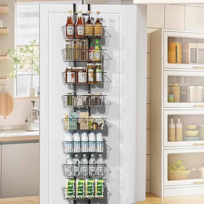 LUXEAR Over the Door Pantry Organizer, 8-Tier Adjustable Over the Door Hanging Spice Rack, No-Assembly Foldable Metal Over the Door Organizer for Kitchen, Home, Laundry Room, Bathroom