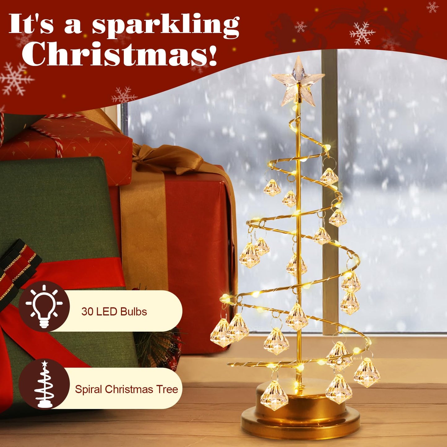 Lewondr Christmas Tree Light, 11'' Battery Operated Christmas Tree Night Light, Crystal Spiral Xmas Tree Table Lamp with Star Light & Metal Stand, Christmas Decoration for Home Room Desk Indoor, Gold