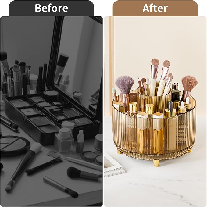 fanado 360° Rotate Makeup Brush Holder Organizer, Makeup Organizers Countertop, Makeup organization and Skincare Storage for Vanity, Desktop, Bathroom (Clear Amber)