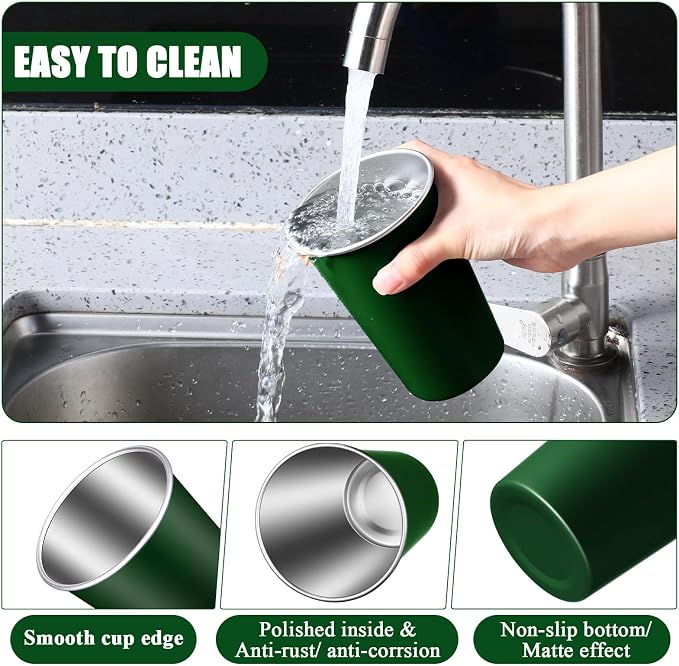 Mimorou 20 Pack 16 oz Stainless Steel Pint Cups Metal Cups Unbreakable Drinking Water Tumblers Stackable Tumbler for Adults Bar Home Restaurant Travel Picnic Camping Outdoor (Dark Green)