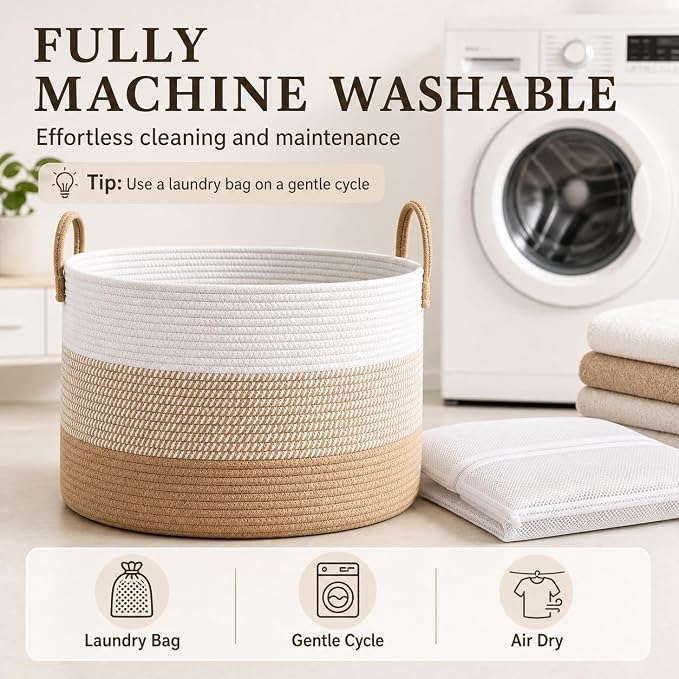 JMvicyroam 115L Extra Large Blanket Basket for Living Room - Woven Cotton Rope Laundry Hamper with Reinforced Handles - Storage Bin for Pillows, Comforters & Toys - Machine Washable,White&Jute Mix