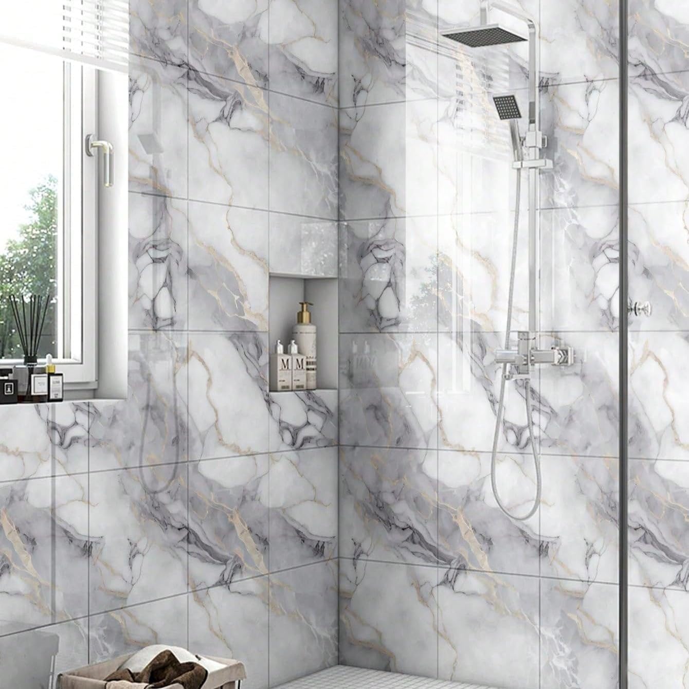 Chejiaye 22pcs Marble Peel and Stick Backsplash Surface Waterproof Wall Panels,Self-Adhesive Marble PVC Foam Wall Panels for Kitchen, Bathroom - 11.8"x11.8" Kitchen Tile(Not Real Tiles,Colorful)