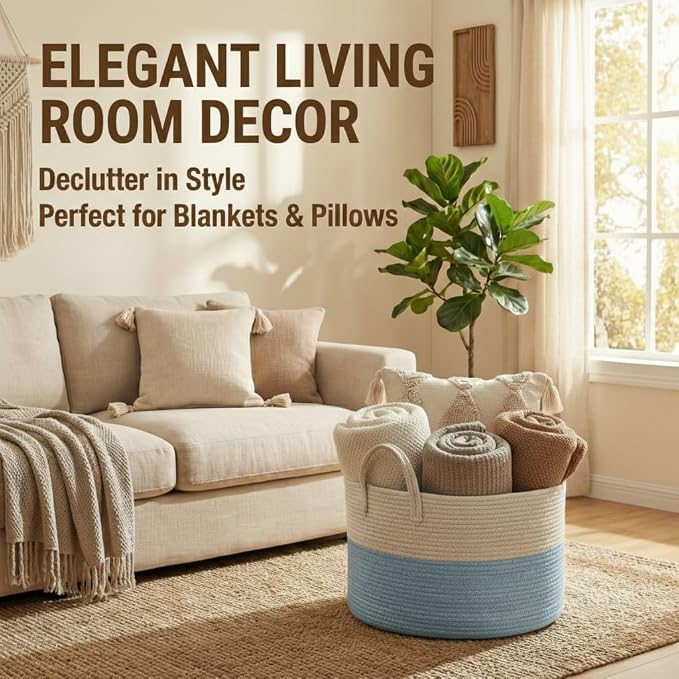 JMvicyroam 115L Extra Large Blanket Basket for Living Room - Woven Cotton Rope Laundry Hamper with Reinforced Handles - Storage Bin for Pillows, Comforters & Toys - Machine Washable,White&Blue