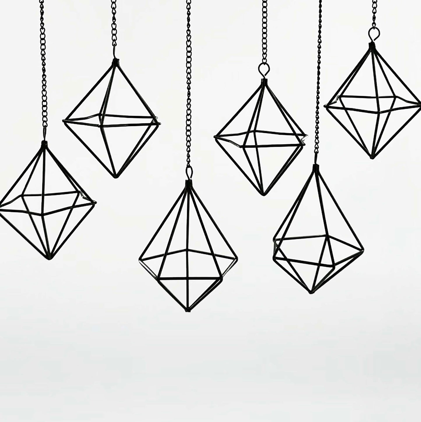 PUDAPU Clearance 6 Pack Hanging Metal Air Plant Holders with Chain, Black Geometric Tillandsia Air Plant Hanger Cages, 2 Styles Mini Iron Air Plants Live Holders for Home Office Garden Decor