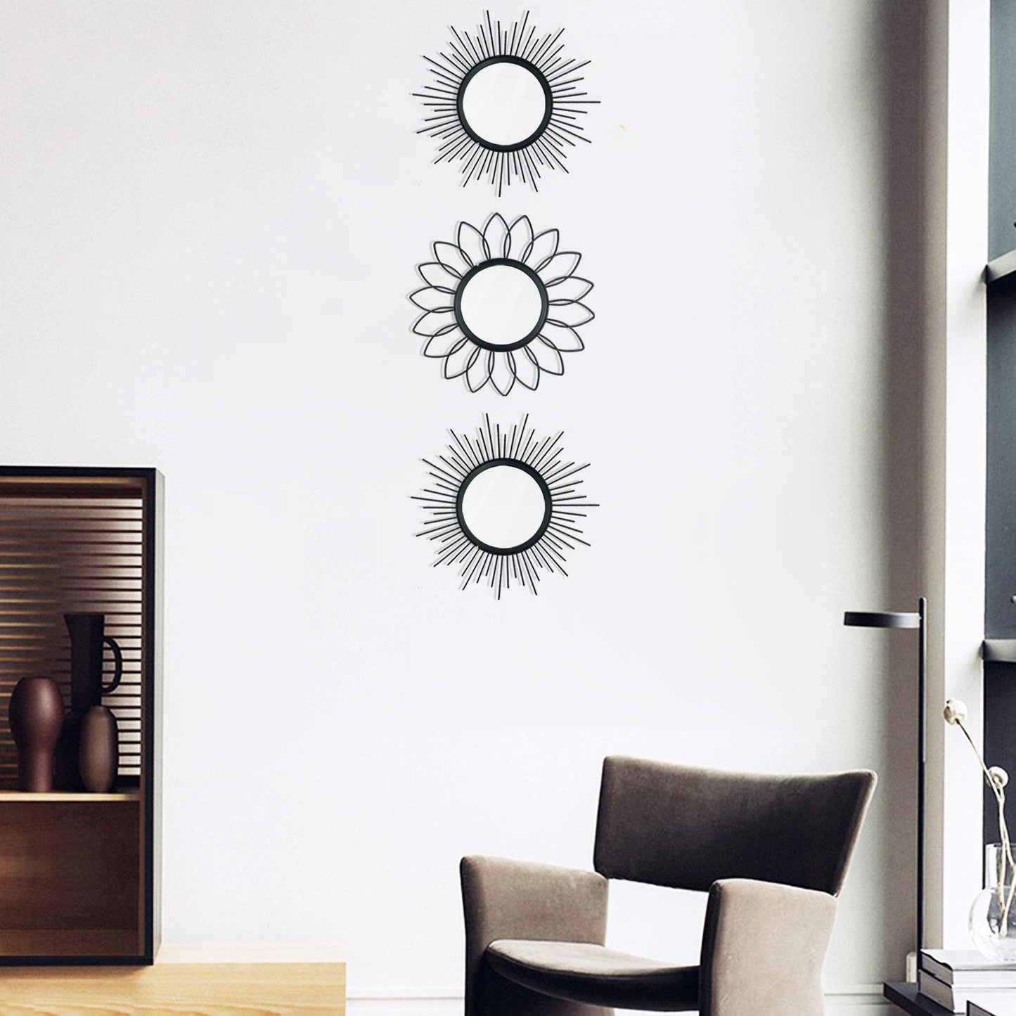3 Pack Metal Mirrors for Wall Sunburst Wall Mirrors Home Décor Decorative Hanging Wall Art for Living Room Bedroom Entryway (Black, Flower+Sunburst)