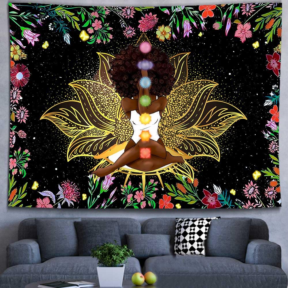 Ine Ive African Chakra Tapestry African American Woman Zen Meditation Tapestries 80x60 Inch Starry Sky Flower Garden Inspirational Afro Yoga Wall Art for Bedroom Dorm Decor