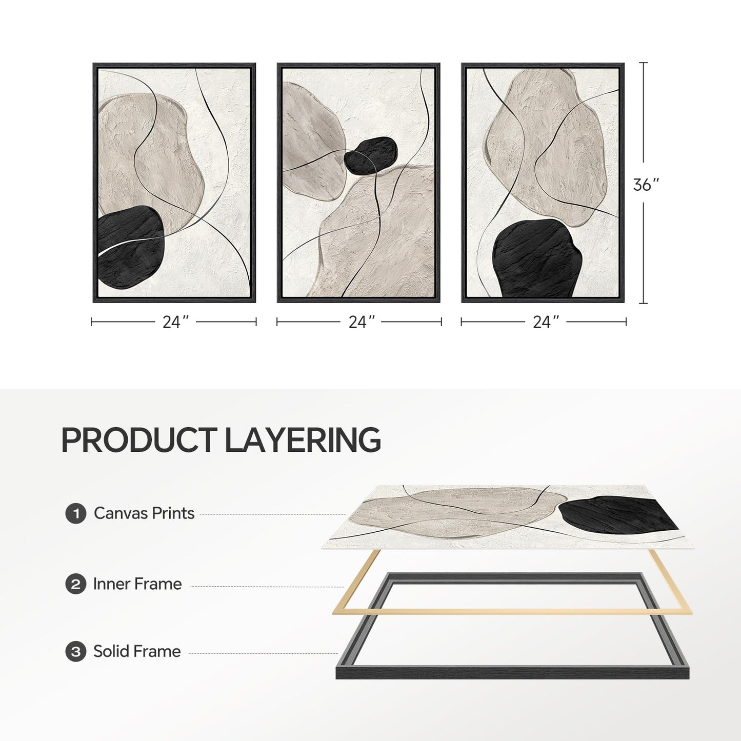 Framed Black and White Abstract Wall Art for Living Room, Large 3 Piece Neutral Minimalist Canvas Artworks, Modern Painting Prints for Dining Room Hallway Home Office Wall Decor, 24x36 In