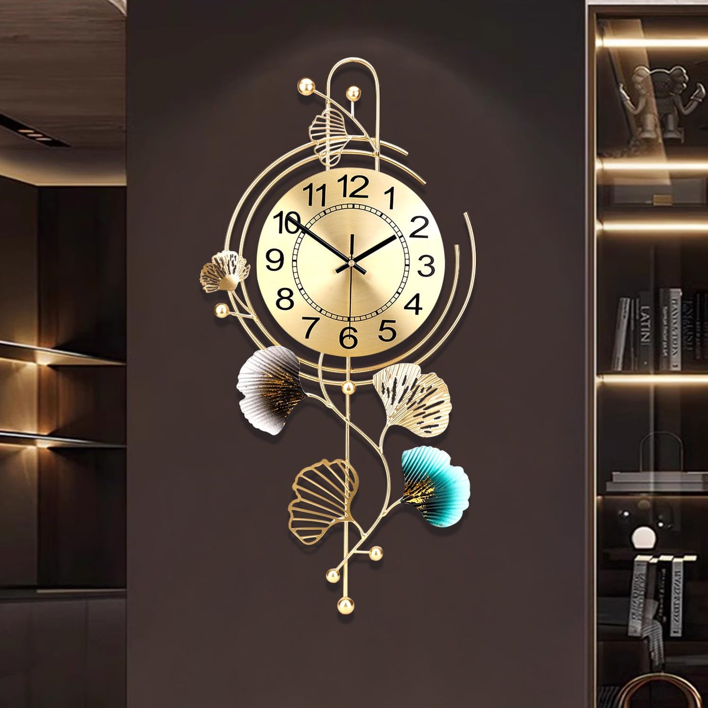 FILLOVE Elegant Metal Wall Clock with Silent Round dial and Gold and Blue Leaves, Modern Non-Walking Silent Metal Wall Clock for Living Room, Bedroom, Study, Office (25in*12in) (Gold Leaf)
