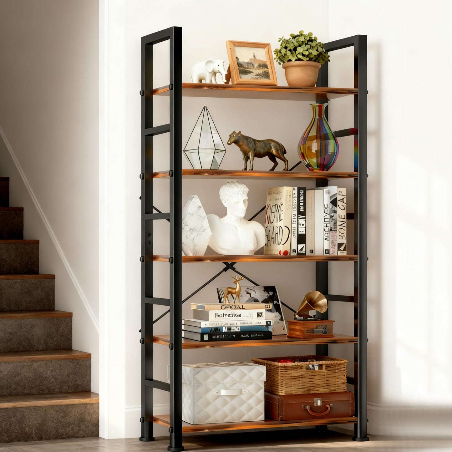 SageNest 5 Tier Bookshelf, Free Standing Wooden Bookcase with Open Storage Shelves with Metal Frame, Sturdy Shelf Organization Display Rack for Living Room, Bedroom, Home Office, 62.2" Tall, Brown