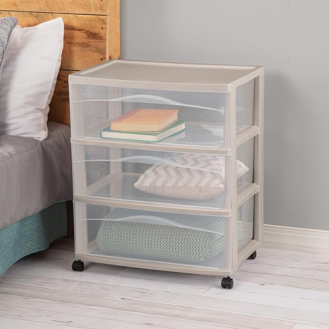Sterilite 2 Pack Wide 3 Drawer Storage Cart, Rolling Organization, Grey | Clear Plastic Organizer Drawers with Wheels for Craft Supplies, Bath Essentials, or Home Accessories