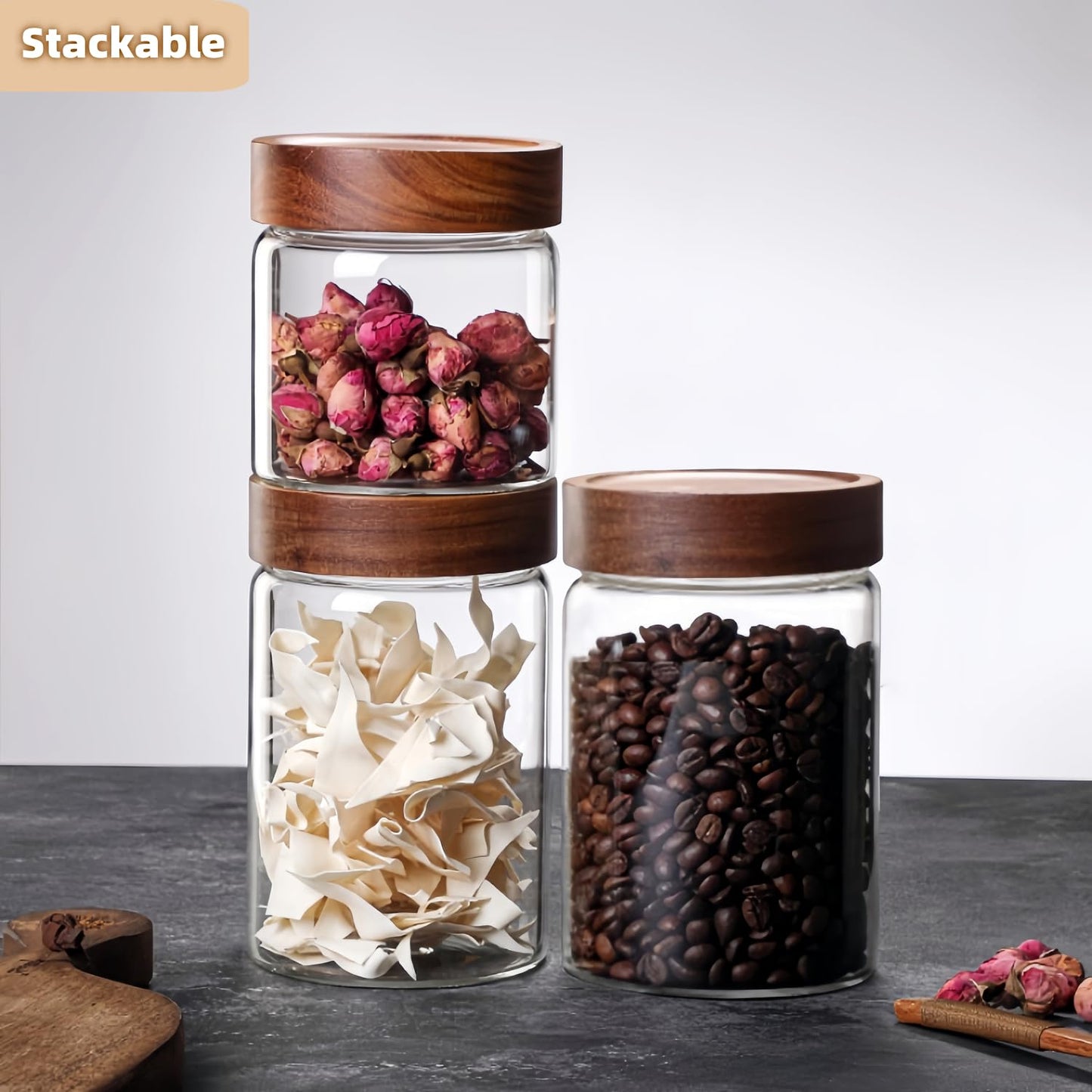 28 Fl oz/850 ml Glass Food Storage Jar, Premium Clear Glass Container Jar with Airtight Screw-on Wooden Lid, Kitchen Canisters for Coffee,Tea,Pasta,Cookies, Nuts,Spice,Candy,Overnight Oatmeal（Medium）