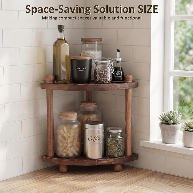 Corner Bathroom Counter Organizer, 2-Tier Bathroom Organizers and Storage, Wooden Vanity Perfume Organizer Makeup Countertop Shelf for Kitchen Dresser