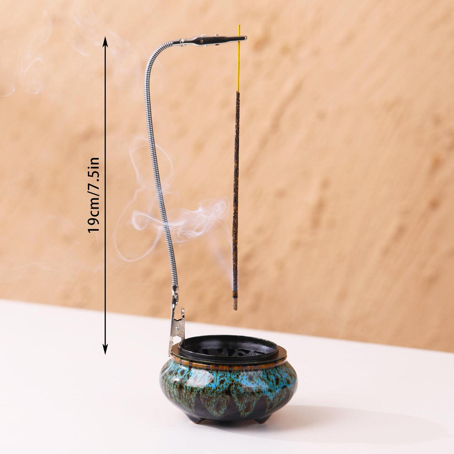 LamDawn Censer Sky Blue Incense Burner with Calabash Incense Stick Holder - Porcelain Charcoal Censer for Use with Resin Granular Powder Cone or Coil Incense (Blue Fambe)