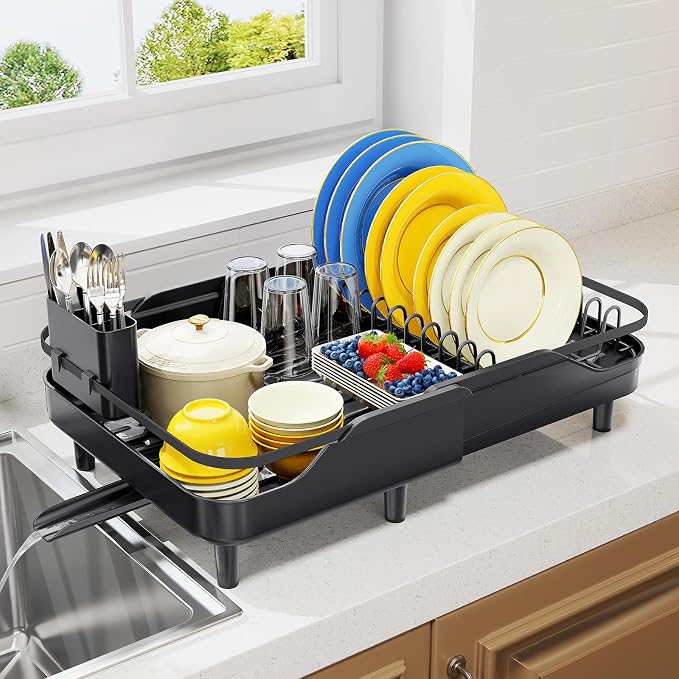 Urackify Expandable Dish Rack for Kitchen Counter,16.14"-23.62" Large Dish Drying Rack with Adjustable Water Spout, Space Saving Dish Drainer with Auto Draining Cutlery Holder, Matte Black